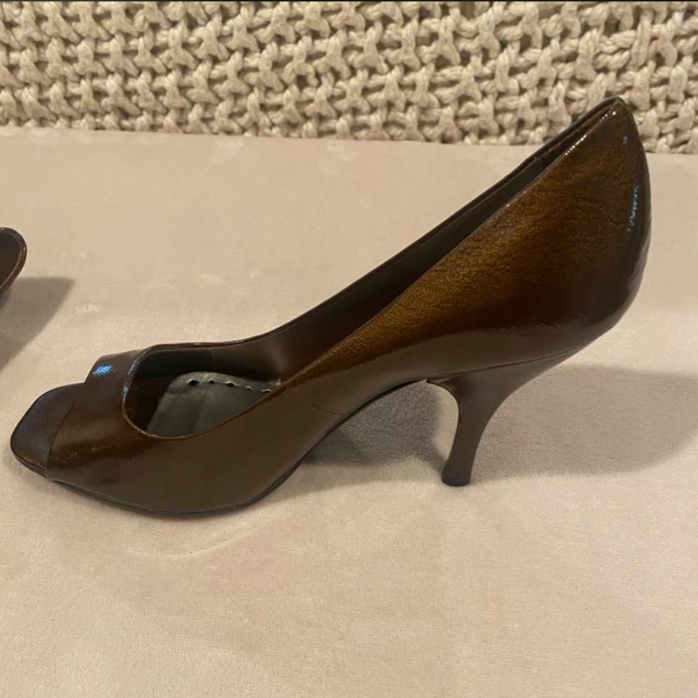 BCBGirls brown shiny open toe high heels